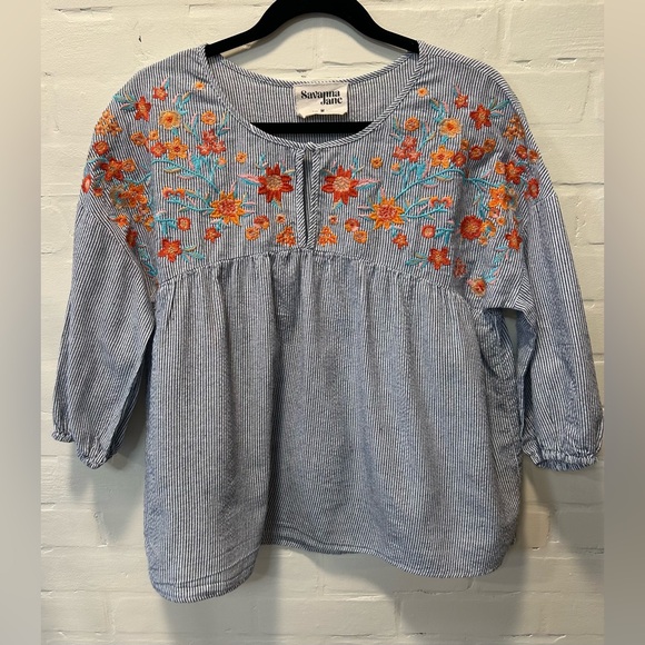 Savanna Jane Tops - SAVANNAH JANE Embroidered Floral Boho Peasant Top Striped Blouse Size M